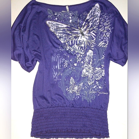 ☆NWT☆Gorgeous Plus Size Mi Manchi Royal Purple Silver Metallic Butterfly Blouse☆ - Picture 12 of 15